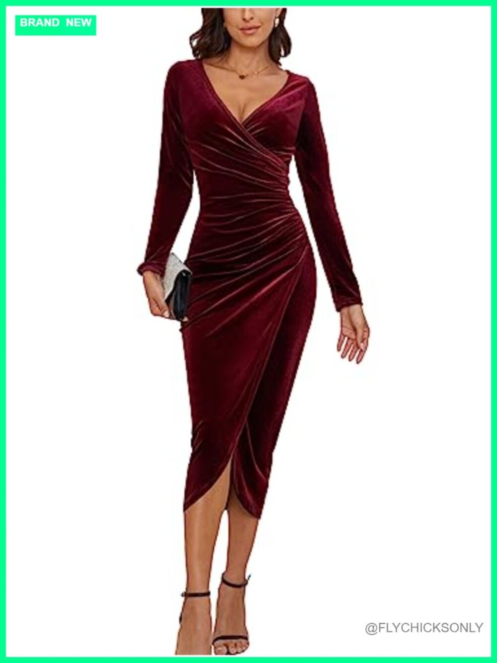V Neck Wrap Velvet Long Sleeve Maxi Dress Ruched Bodycon